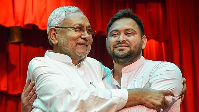 In friendlier times: Nitish Kumar (left) and Tejashwi Yadav (right) (photo: @harsht2024/X)