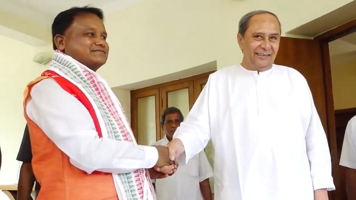 Odisha CM Mohan Majhi (left) with his predecessor Naveen Patnaik
