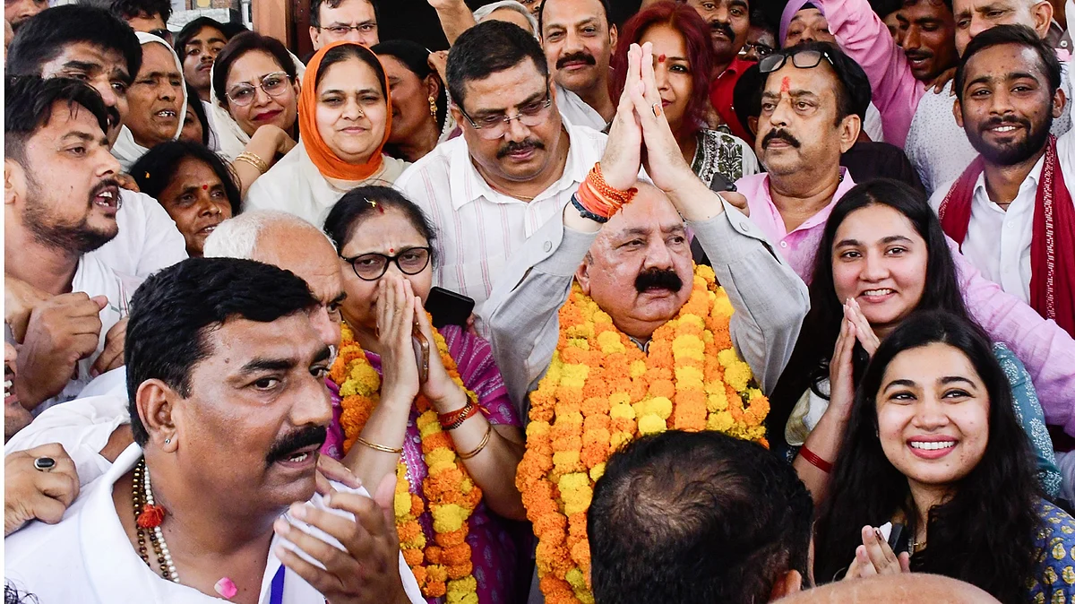 Kishori Lal Sharma celebrates his win over Smriti Irani (photo: PTI)