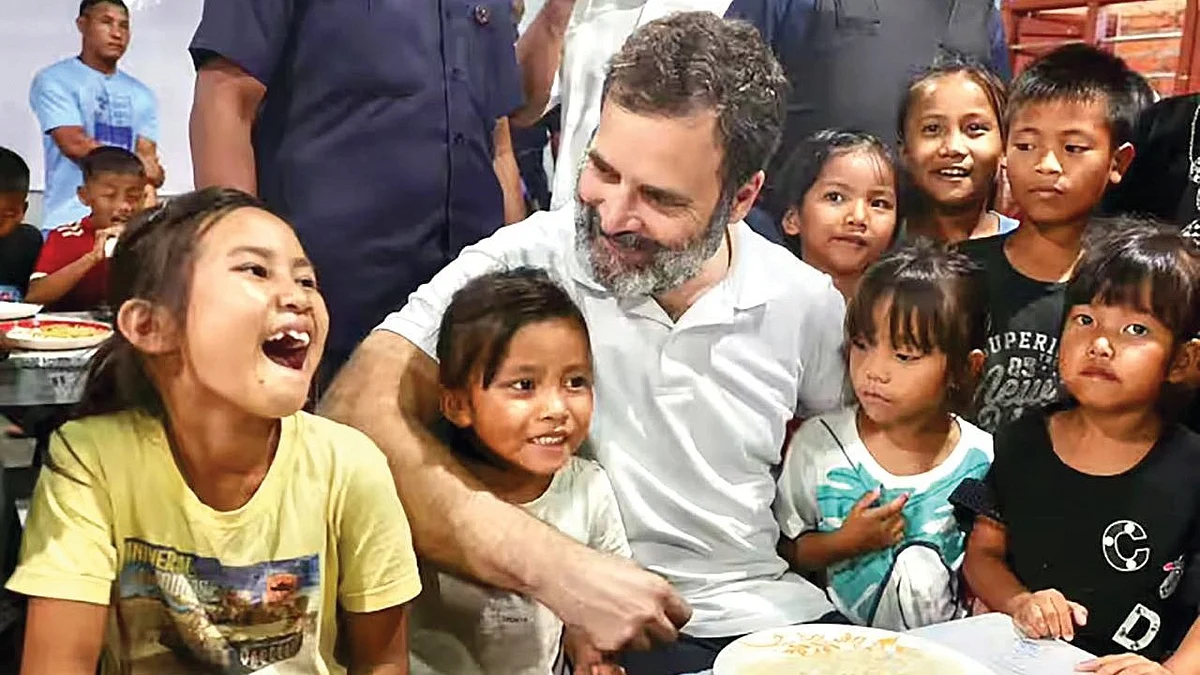 Rahul Gandhi with children displaced by ethnic violence in Manipur, June 2023