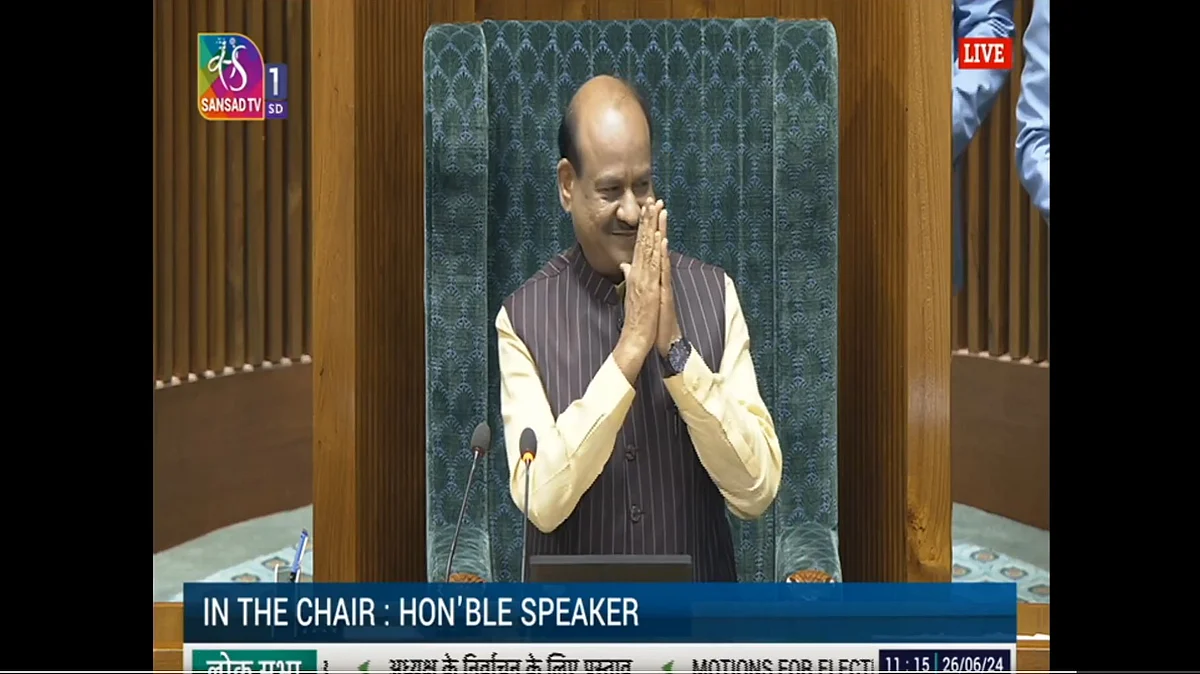 Screengrab of Om Birla taking the Speaker's chair after his election (photo: @ombirlakota/X)