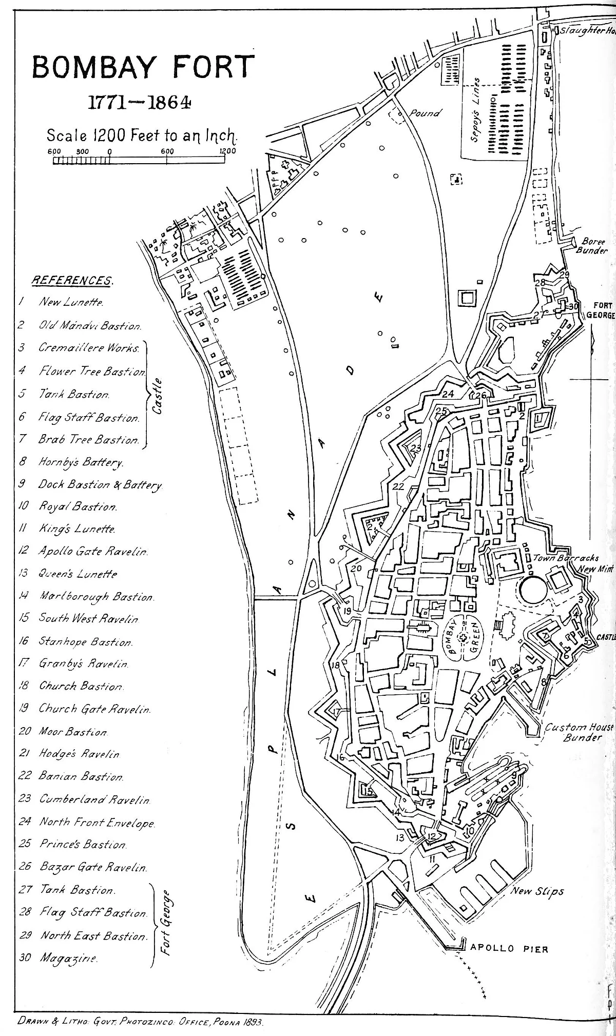 A map showing the Bombay Fort area between 1771 and 1864