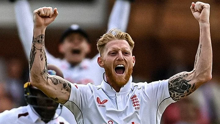 Ben Stokes celebrates his 200th Test wicket against West Indies on 11 July (photo: @CricTracker/X)