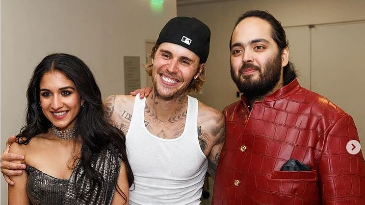 Anant Ambani (right) and Radhika Merchant with Justin Bieber (photo: @justinbieber/Instagram)