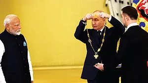 Putin awarding the Order of St Andrew to Modi in Moscow, July 2024 (file photo)