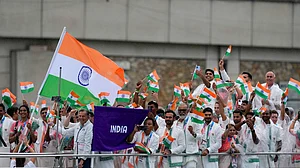 Team India travel along the Seine River in Paris, France, during the opening ceremony