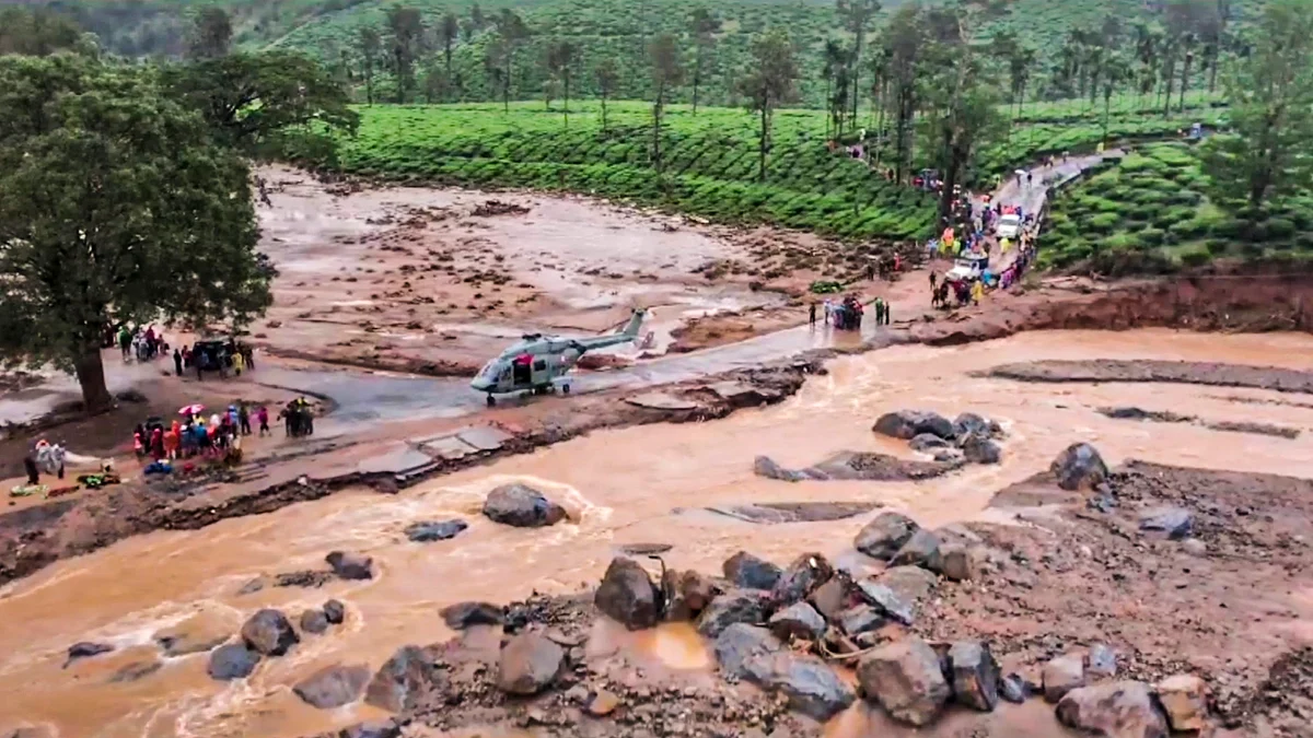 A drone view of a landslide site in Chooralmala, in Wayanad (photo: PTI)