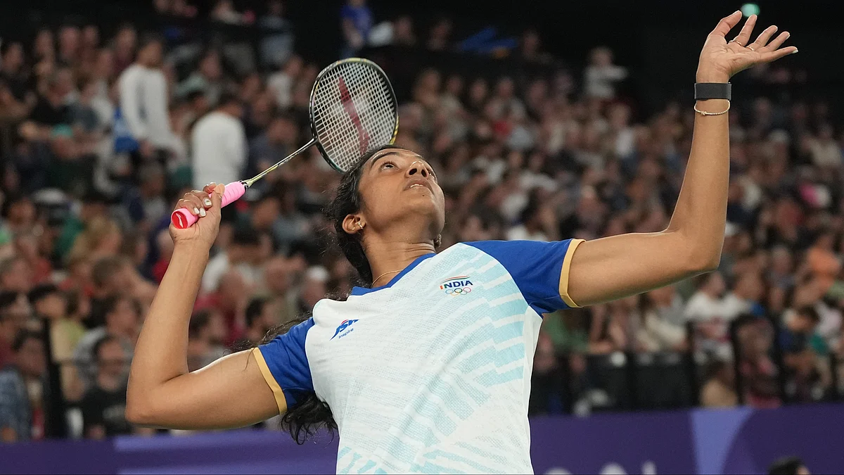 P.V. Sindhu in action on 28 July (photo: PTI)