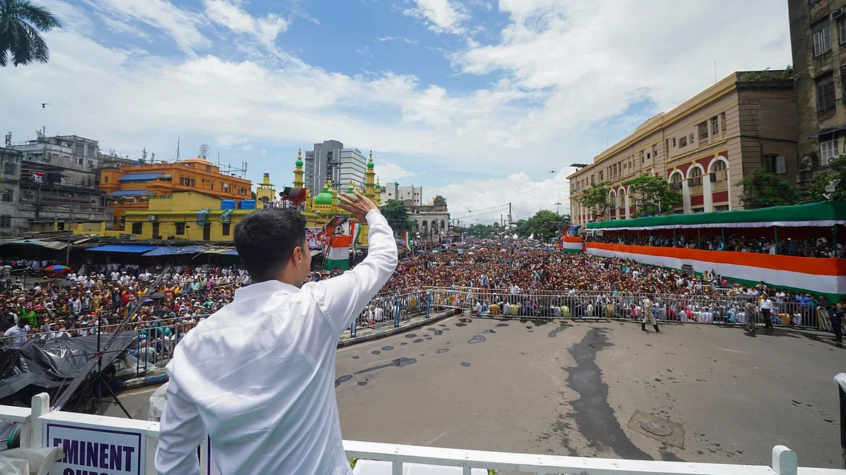 Abhishek Banerjee waves at supporters during TMC's Martyrs' Day rally in Kolkata on 21 July (photo: PTI)