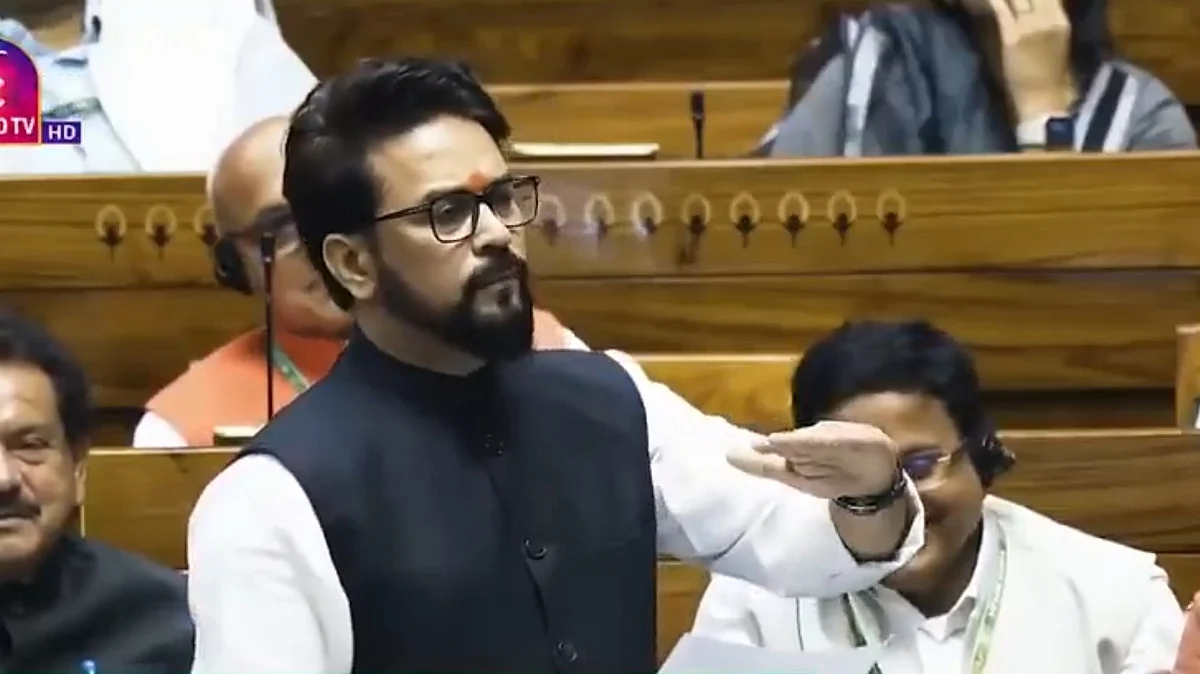Screen grab of BJP MP Anurag Thakur in Parliament