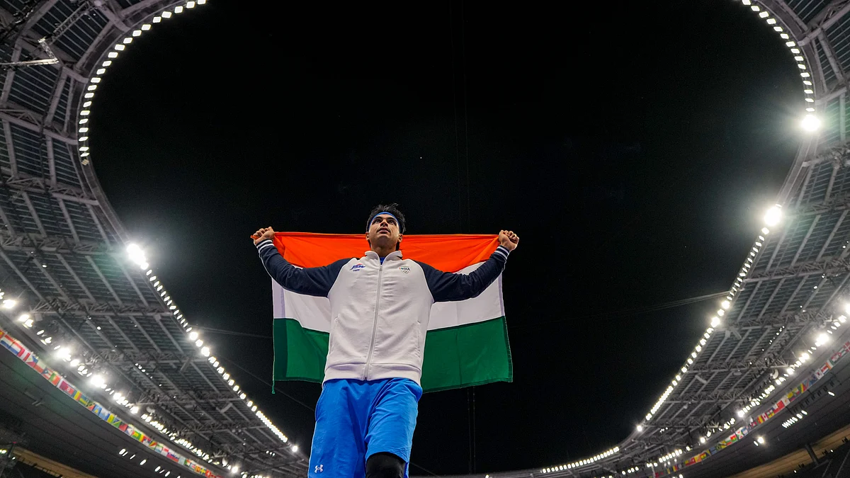 India's Neeraj Chopra after winning silver in the men's javelin throw final