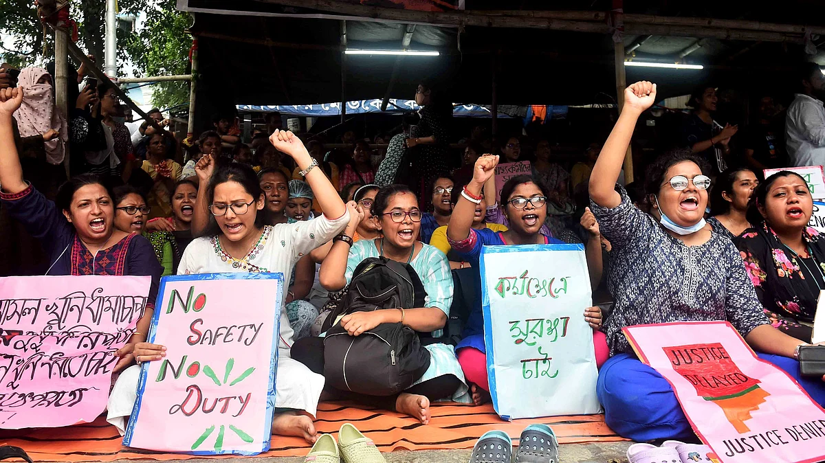Doctors and medical students at a protest in Kolkata
