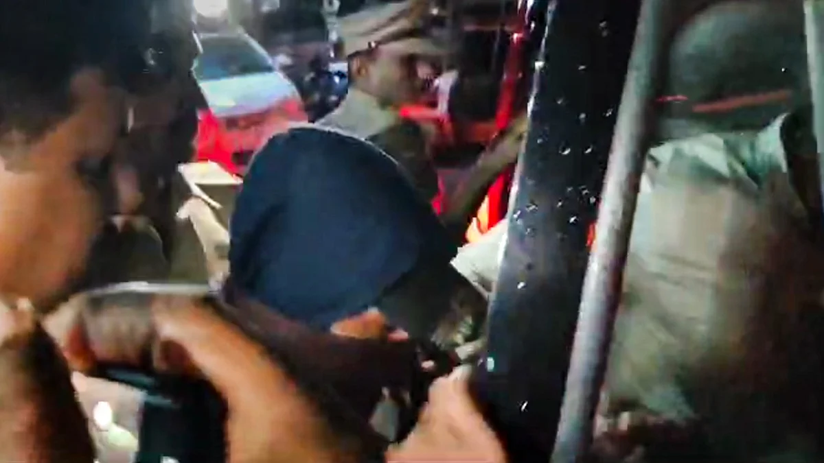 Jaydeep Apte in police custody in Thane on 4 September (photo: PTI)