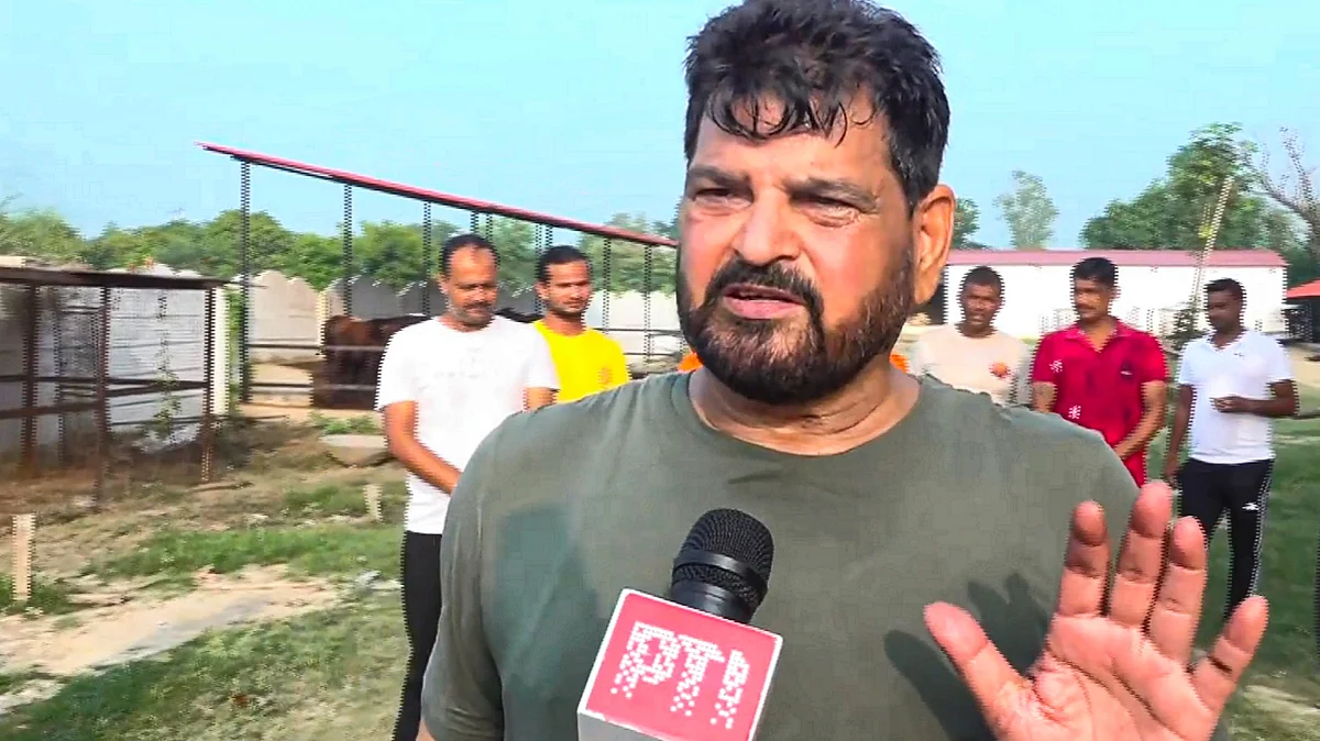 Brij Bhushan Sharan Singh speaks to the media in Gonda on 7 September (photo: PTI)