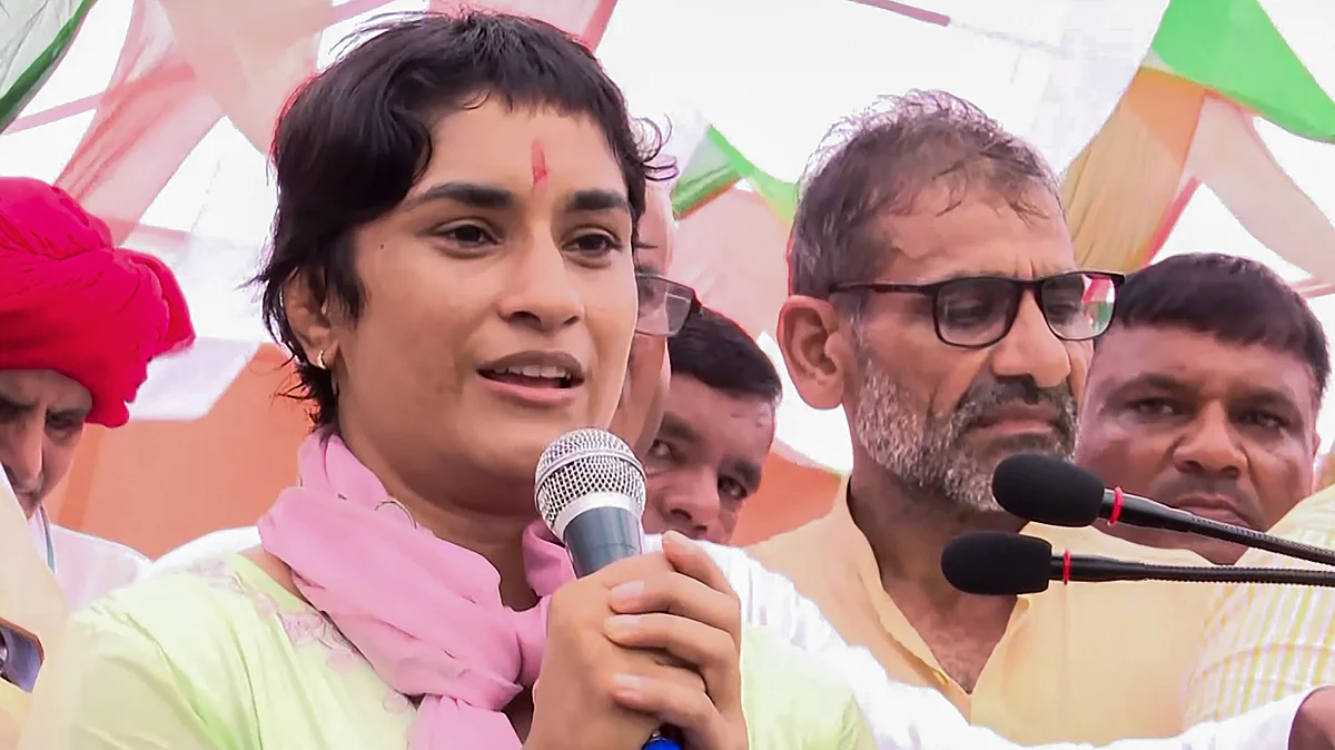 Vinesh Phogat speaks during a programme in Jind district