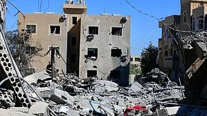 Buildings in Lebanon crushed by Israeli airstrikes (photo: IANS)