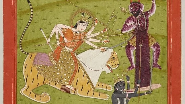 19th c. painting of Durga fighting Raktabij as Kali laps up his blood (photo: Royal Collection Trust, UK)