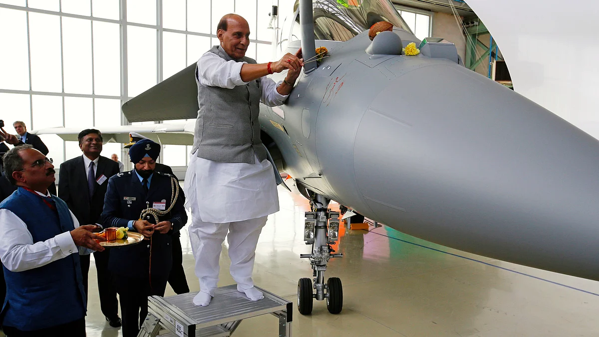 Defence minister Rajnath Singh performs puja on a Rafale fighter plane, 2019