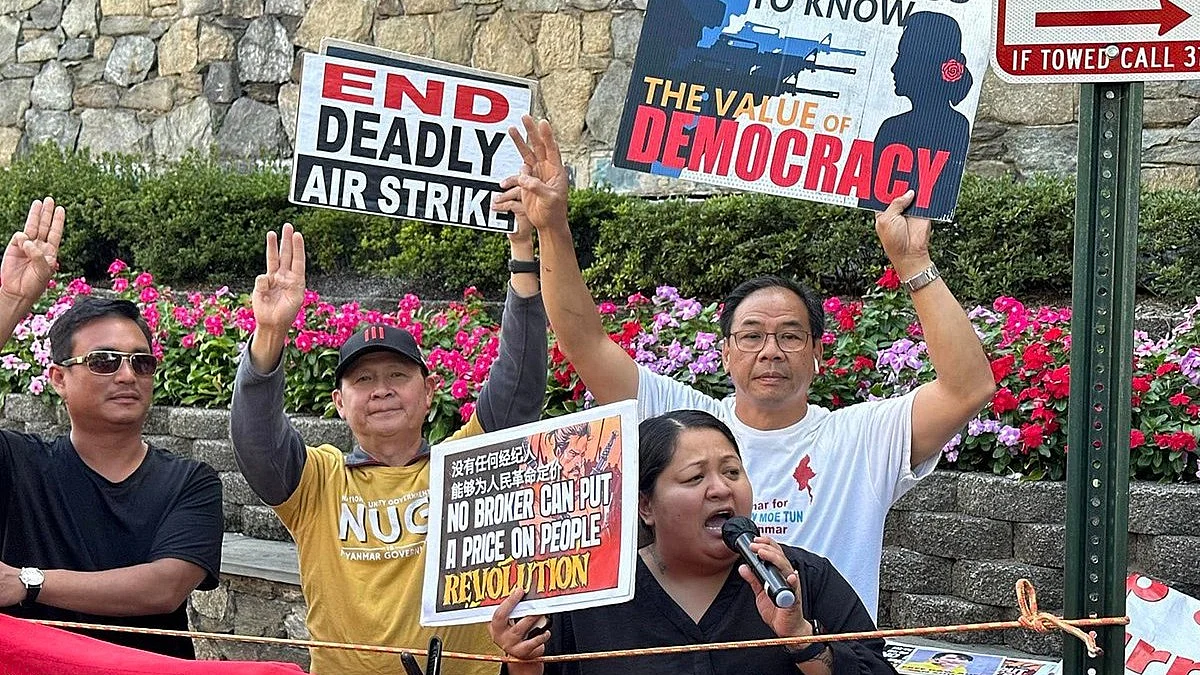 Myanmar citizens' pro-democracy protest against air strikes on its own