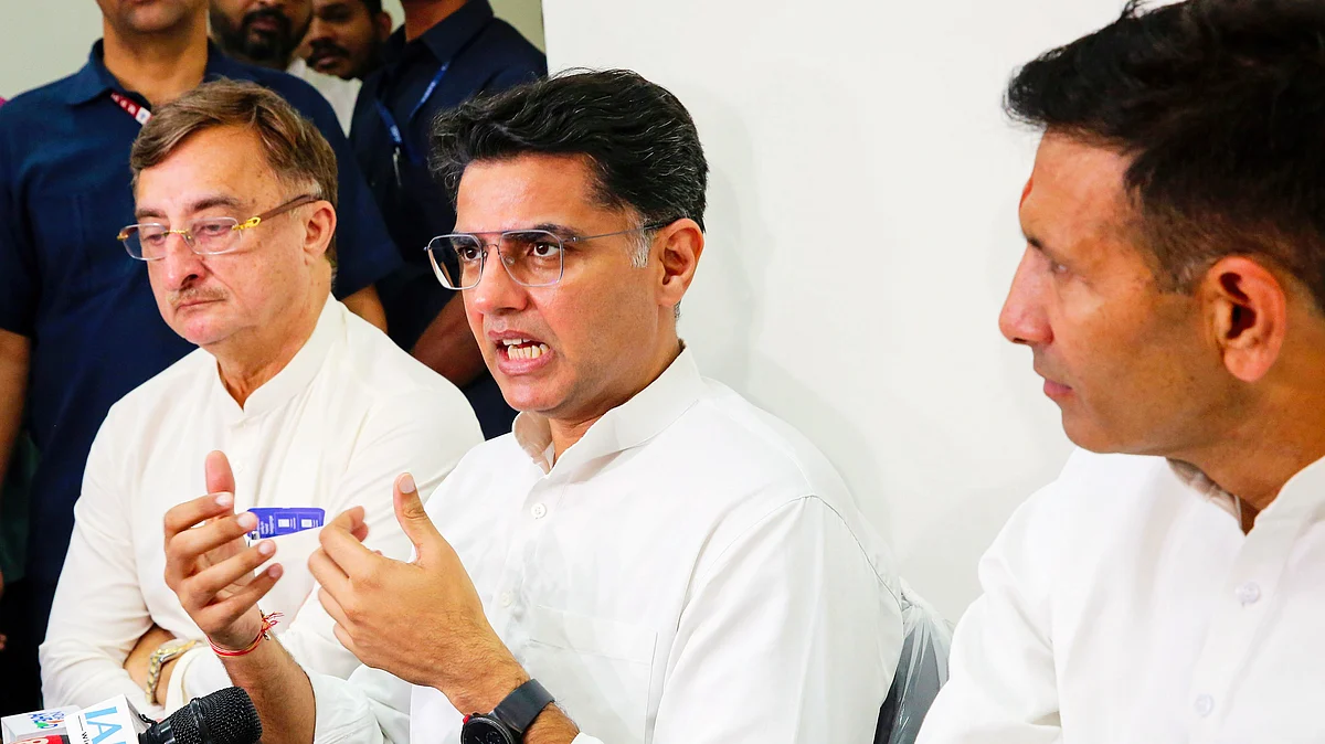 From left: Vivek Tankha, Sachin Pilot and Jitendra Patwari at a press meet in Bhopal (photo: PTI)