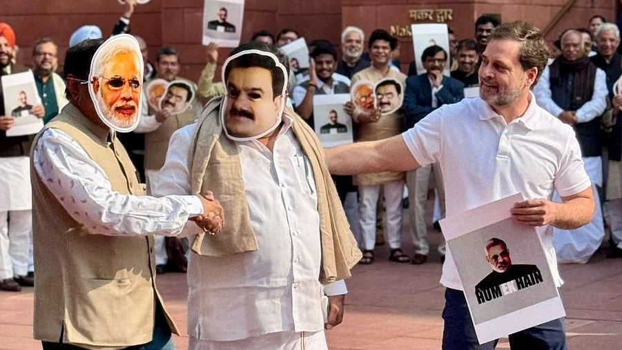 INDIA bloc MPs masquerade as PM Narendra Modi and Gautam Adani shaking hands outside parliament