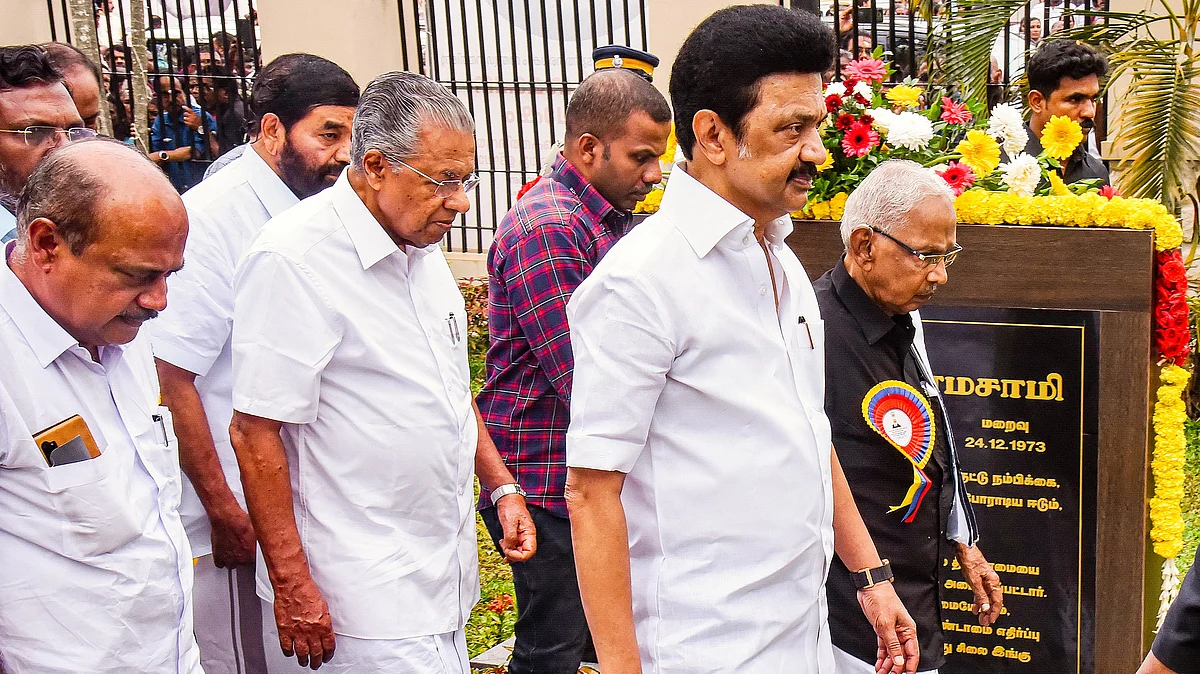 Stalin walks ahead of Kerala CM Pinarayi Vijayan (photo: PTI)