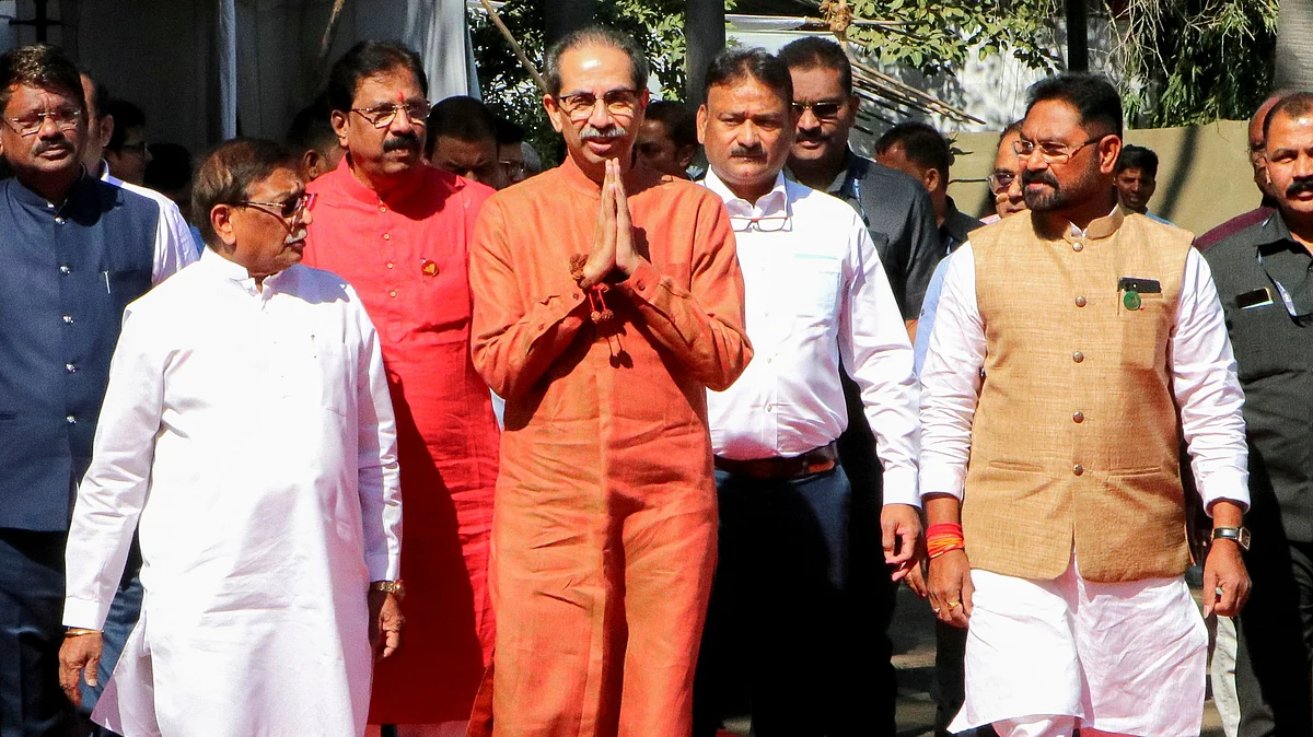 Shiv Sena (UBT) chief Uddhav Thackeray arrives at Vidhan Bhawan with party MLAs