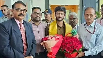 D. Gukesh on arrival in Chennai on 15 December (photo: social media)