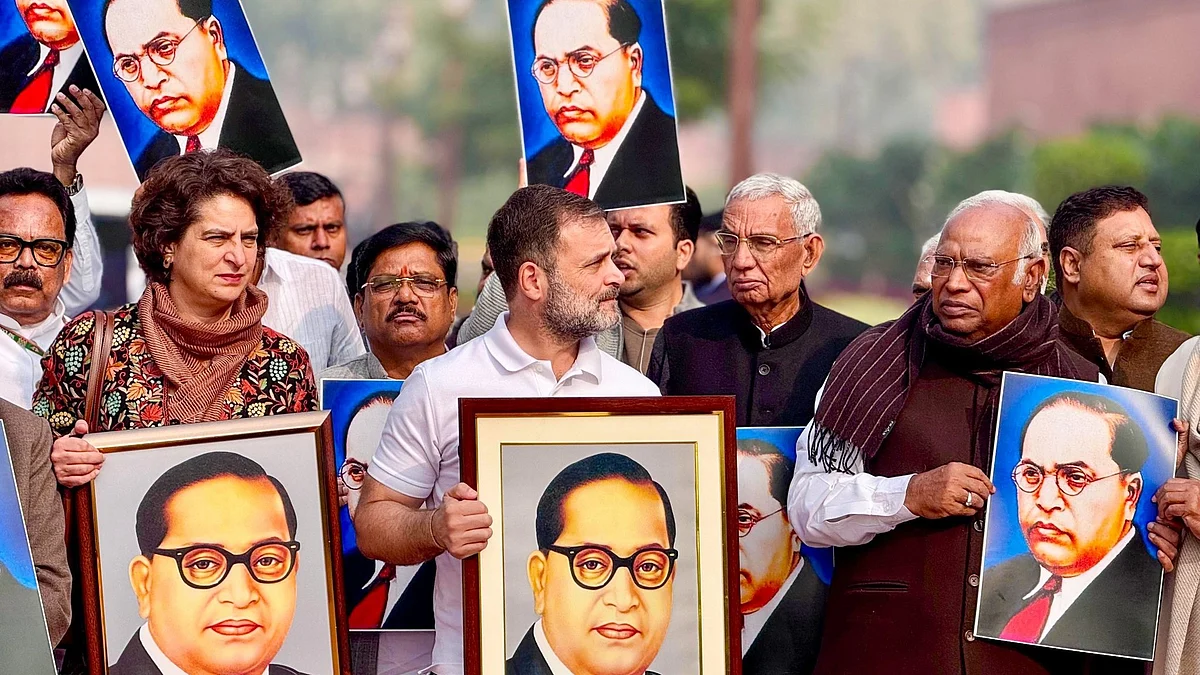 INDIA bloc leaders uphold B.R. Ambedkar's portraits outside Parliament