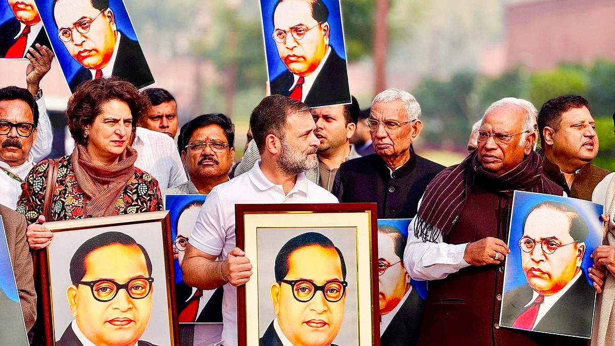 INDIA bloc leaders with Ambedkar's portraits outside Parliament
