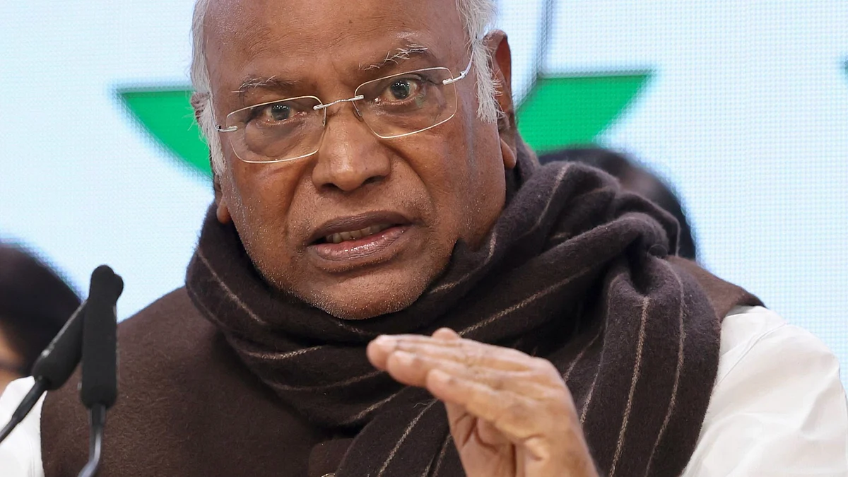 Mallikarjun Kharge addresses in New Delhi 18 December (photo: PTI)