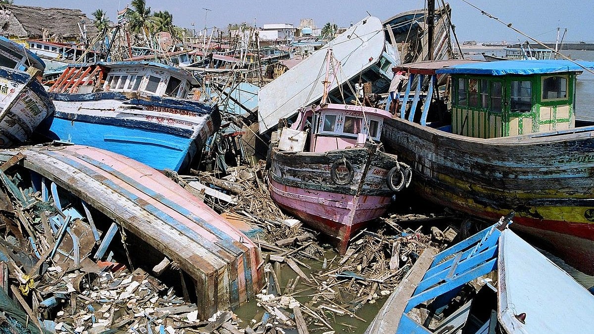 Fishing boats shredded into sticks by the 2004 tsunami in Tamil Nadu
