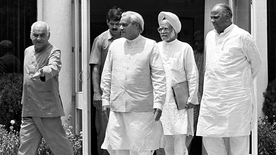 Prime minister Vajpayee (centre left) and Manmohan Singh (following him) were not leaders of a feather