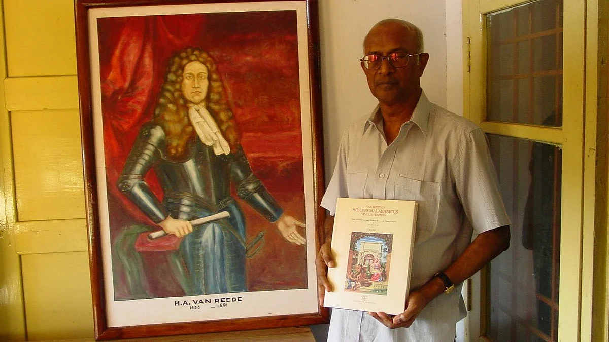 K.S. Manilal holds up his translation of van Rheede's Hortus Malabaricus beside the latter's portrait
