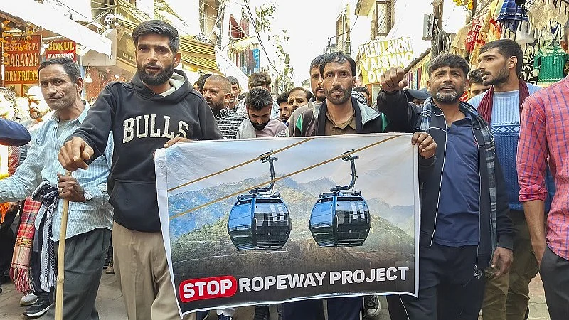 Protestors against the Katra ropeway project ferrying pilgrims to Vaishno Devi