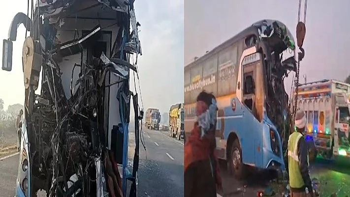 The mangled Volvo bus from the Dausa road accident on 2 January 2025