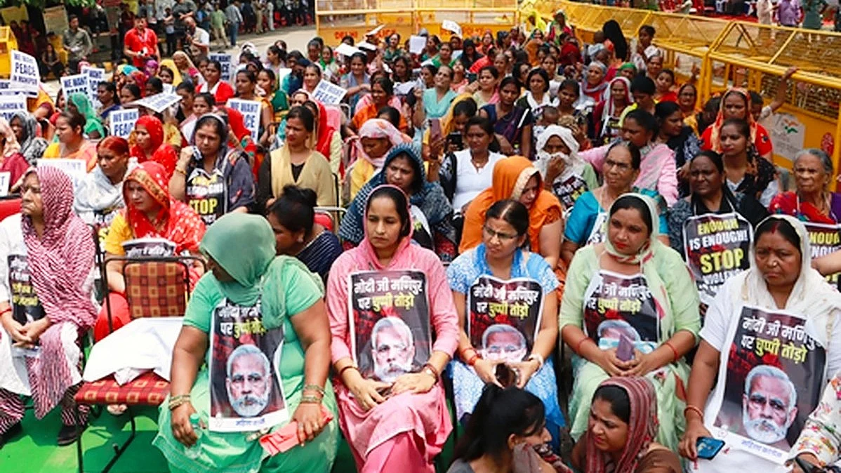Mahila Congress activists at a protest on Manipur