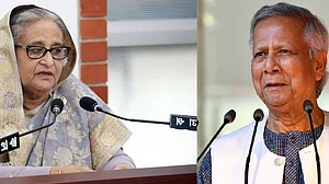 Sheikh Hasina (left); Muhammad Yunus (photo: IANS)