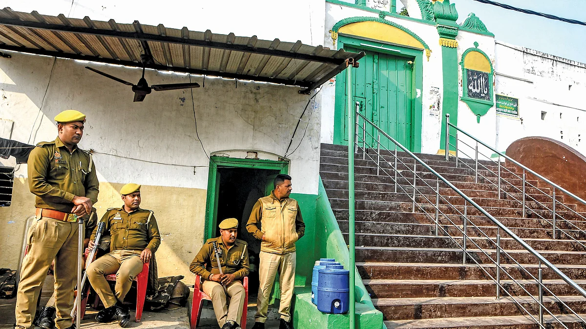 Police stationed outside the Shahi Jama Masjid in Sambhal 
