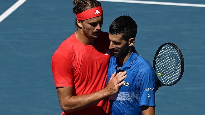 Novak Djokovic with Alexander Zverev after conceding the semi-final (photo: @AustralianOpen/X)