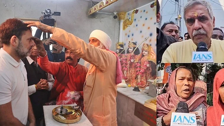 Rahul Gandhi (left) and Sandeep Diskhit (top right) visit the Valmiki Temple in Delhi