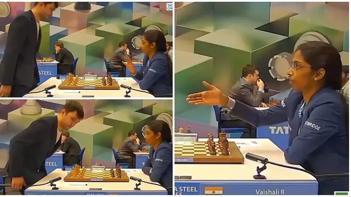 An awkward moment for R. Vaishali as Nodirbek Yakubboev refuses to shake hands