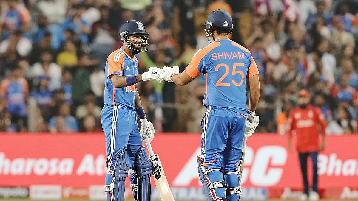 Player of the Match Shivam Dube (right) and Hardik Pandya in Pune (photo: BCCI)