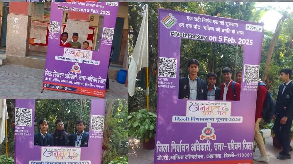 School kids take framed photos urging adults to vote, a Delhi CEO initiative for the assembly polls 