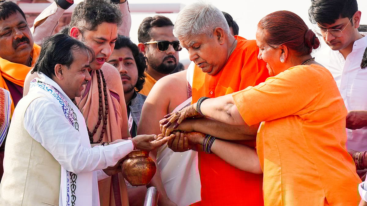 VP Jagdeep Dhankhar at Maha Kumbh (photo: PTI)