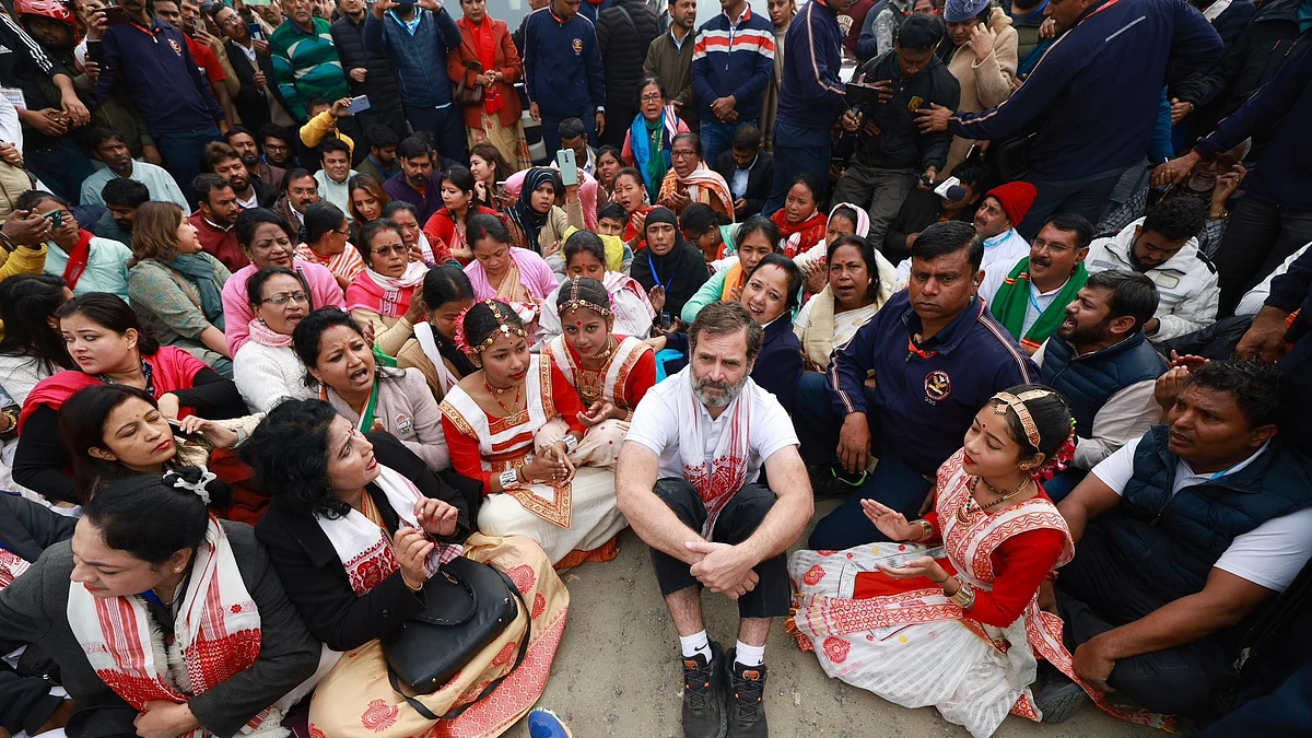Rahul Gandhi, denied entry to an Assam temple, sits in dharna as supporters sing 'Raghupati Raghav...'