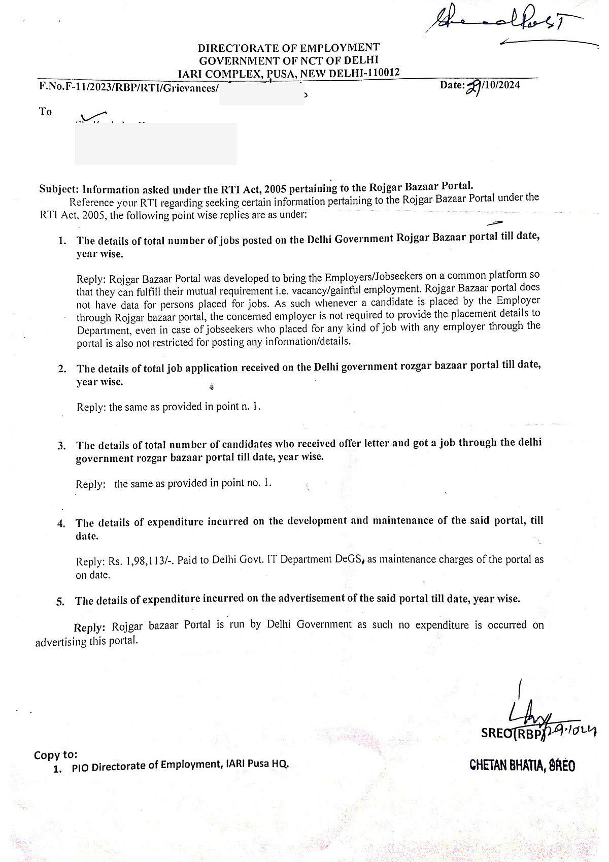 A copy of the RTI response