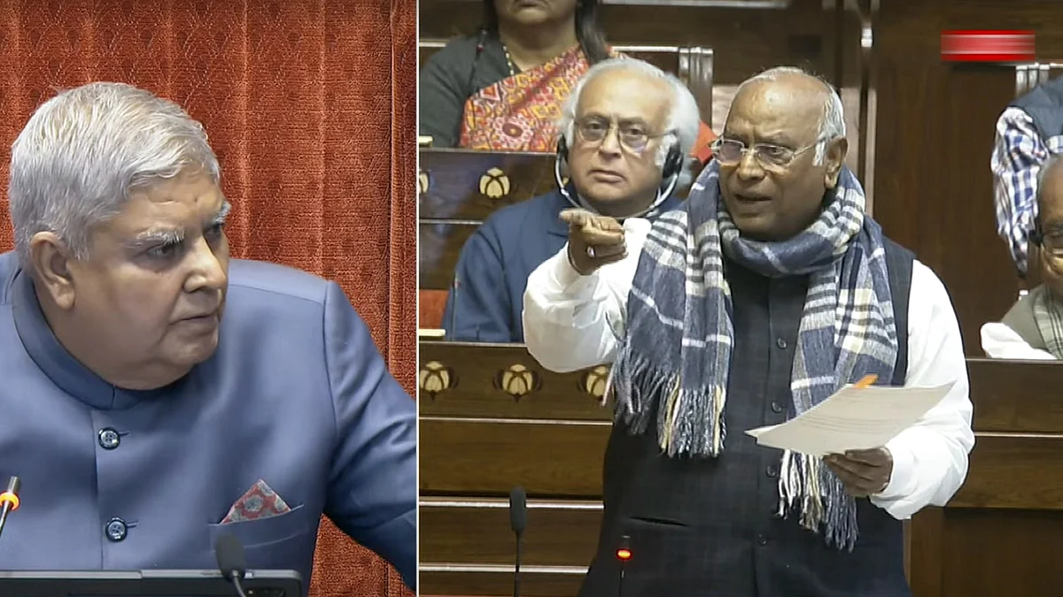 Mallikarjun Kharge (right) and Rajya Sabha chairman Jagdeep Dhankhar