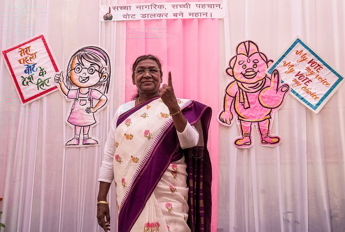 President Droupadi Murmu after voting in the Delhi assembly election 2025