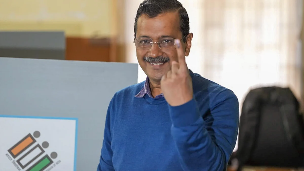 Arvind Kejriwal after casting his vote  in New Delhi on 5 February (photo: PTI)